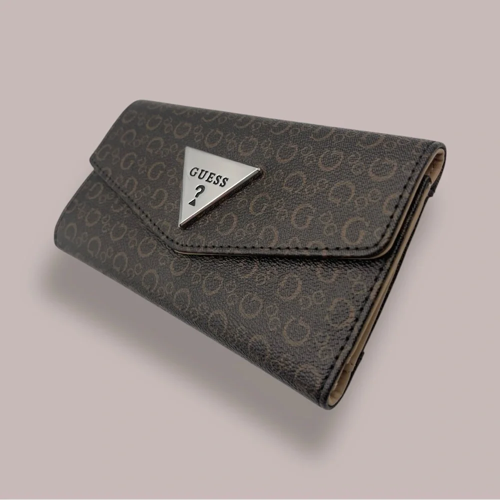 Guess Brown Logo Trifold Slim Wallet Silver